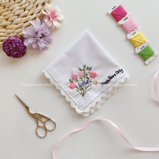 3D Rosed Flowers Blush Garden Dreams Wedding Handkerchief, Custom Embroidered Handkerchief, Linen Handkerchiefs