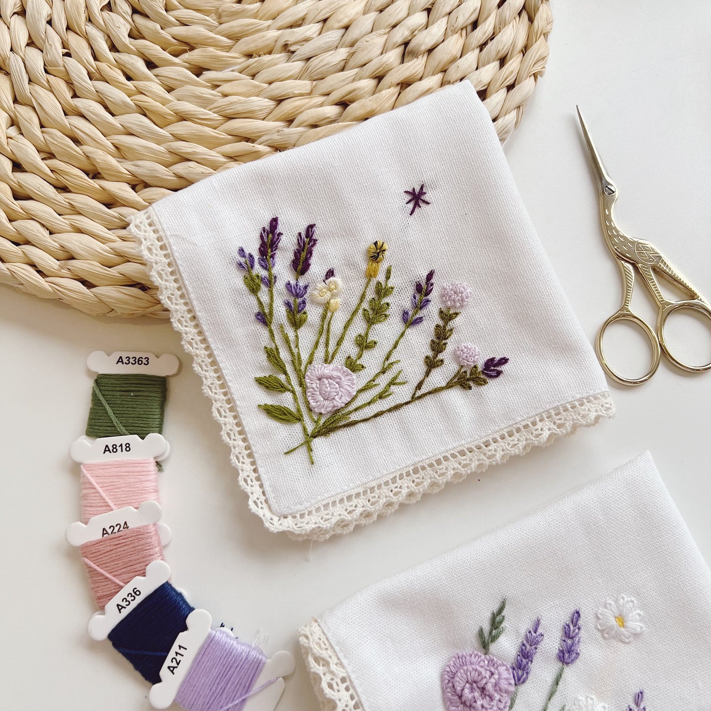 Purple Lavenders Wild Flowers Wedding Handkerchief, Custom Embroidered Handkerchief, Linen Handkerchiefs