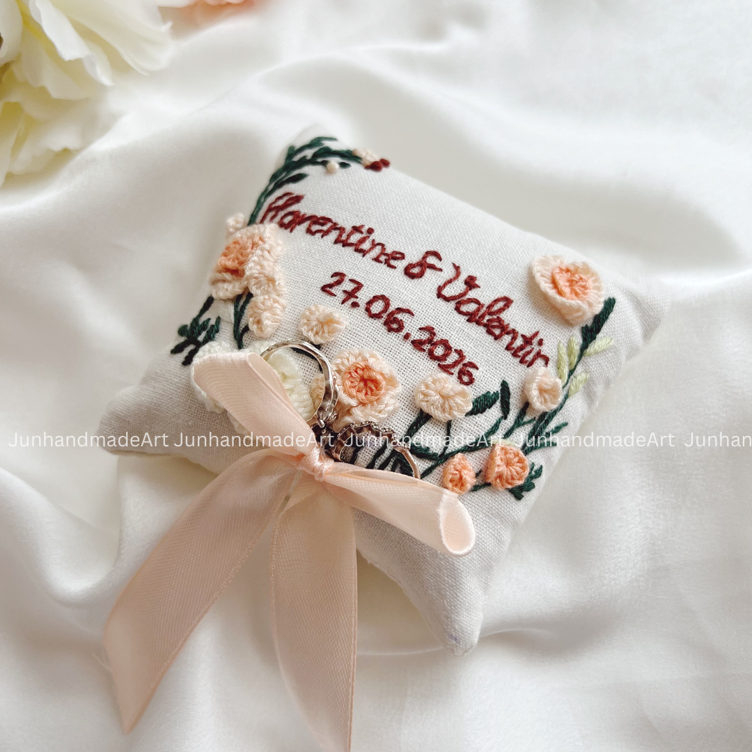 Pastel Pink Roses Bearer Pillow Linen Wedding Cushion Hand Embroidery Ring Holder Floral Ring Pillow Wedding Gift