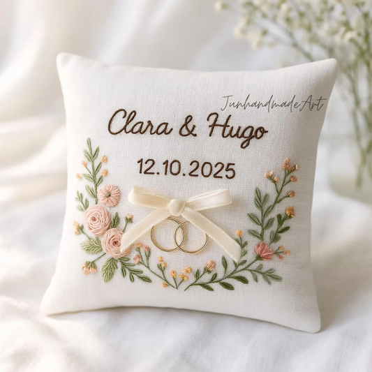 Personalized Embroidered Ring Bearer Pillow, Custom Linen Wedding Cushion, Hand Embroidery Ring Holder, Floral Ring Pillow, Wedding Gift