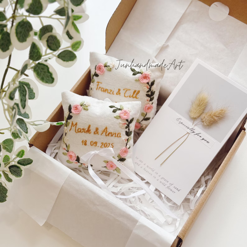 Personalized Embroidered Ring Bearer Pillow, Custom Linen Wedding Cushion, Hand Embroidery Ring Holder, Floral Ring Pillow, Wedding Gift