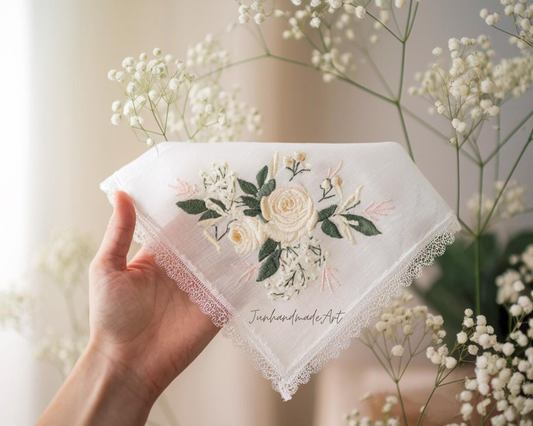 Embroidered Wedding Handkerchief – Custom Floral Hankie for Bride, Bridal Gift, Personalized with Name & Date, Gift for Bride