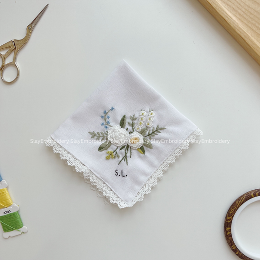 White Bloom Glow Wedding Handkerchief, Custom Embroidered Handkerchief, Linen Handkerchiefs