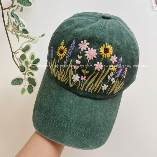 Field of Blooms Summer Hand Embroidery Hat Vintage Hat Washed Baseball Cap