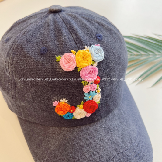 Floral "J" Summer Hand Embroidery Hat Vintage Hat Washed Baseball Cap