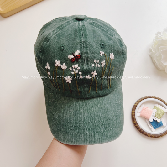Falling Sakura Summer Hand Embroidery Hat Vintage Hat Washed Baseball Cap