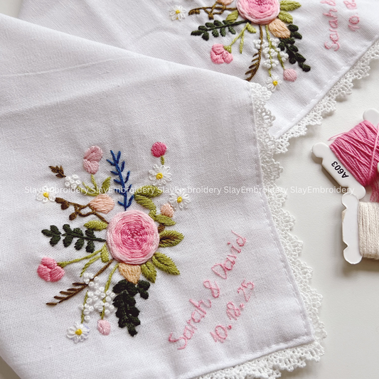 Wild Flower Couple Wedding Handkerchief, Custom Embroidered Handkerchief, Linen Handkerchiefs