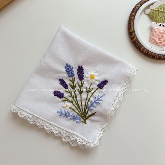 Lavender & Daisy Wedding Handkerchief, Custom Embroidered Handkerchief, Linen Handkerchiefs