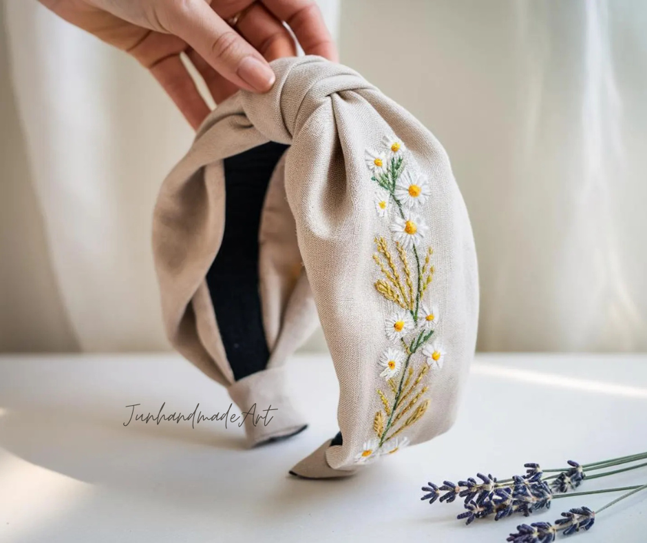 Hand Floral Embroidered Linen Knot Turban, Handmade Turban with Embroidery, Soft and Comfortable Turban, Hair Accessories Gift for Her