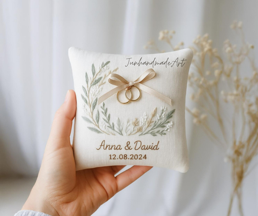 Personalized Embroidered Ring Bearer Pillow, Winter Flower Linen Wedding Gift, Hand Embroidery Ring Holder Leaf Woodland Pillow, Custom Name