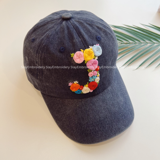 Floral "J" Summer Hand Embroidery Hat Vintage Hat Washed Baseball Cap
