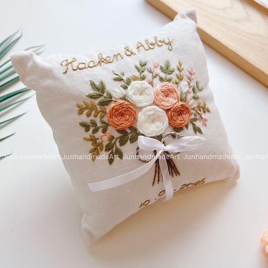 Orange Roses Bouquet Bearer Pillow Linen Wedding Cushion Hand Embroidery Ring Holder Floral Ring Pillow Wedding Gift