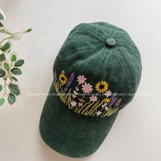 Field of Blooms Summer Hand Embroidery Hat Vintage Hat Washed Baseball Cap