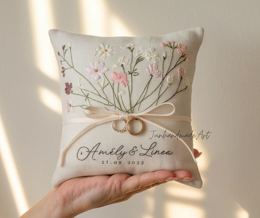 Personalized Embroidered Ring Bearer Pillow, Custom Linen Wedding Cushion, Hand Embroidery Ring Holder, Floral Ring Pillow, Wedding Gift