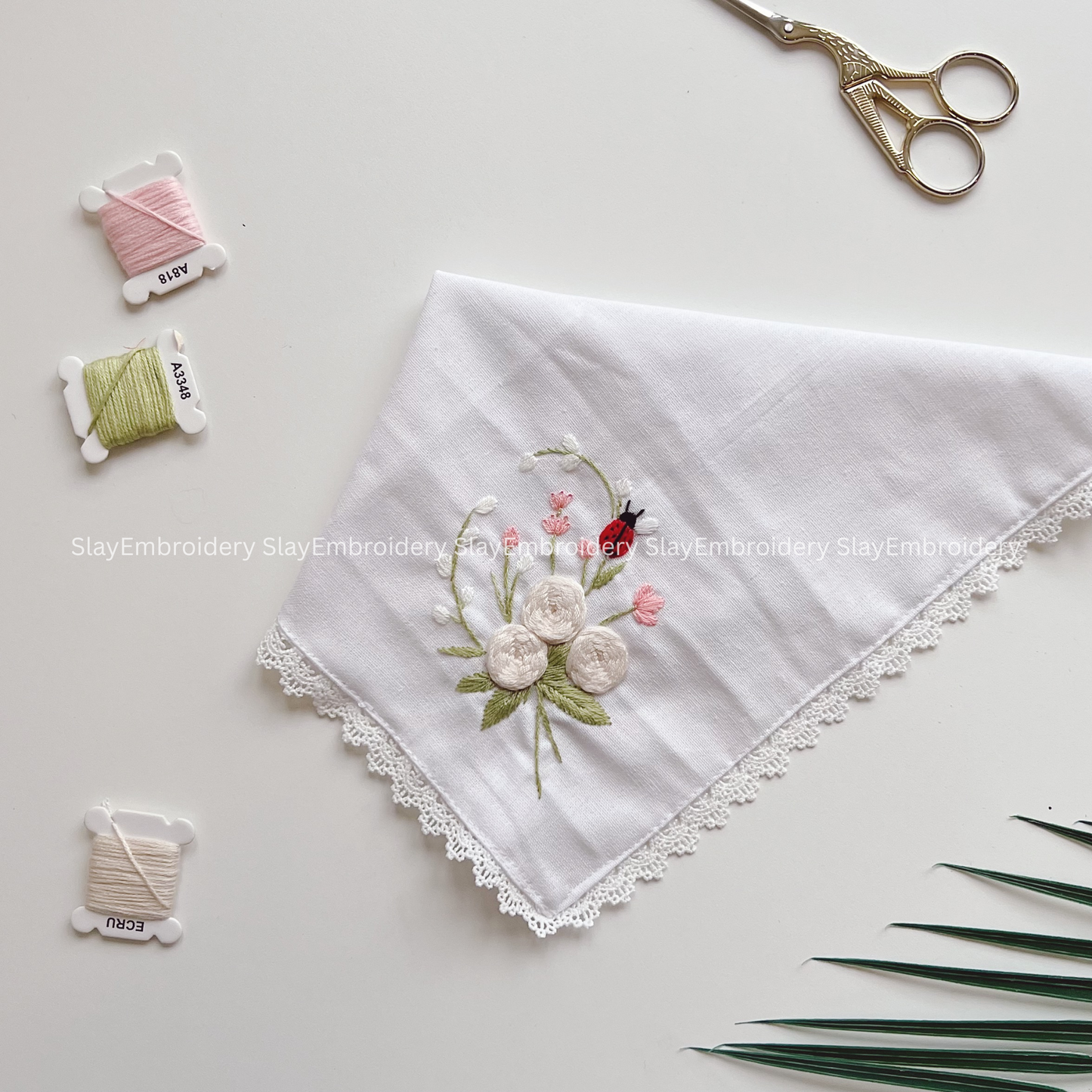 Flowers & Ladybug Wedding Handkerchief, Custom Embroidered Handkerchief, Linen Handkerchiefs