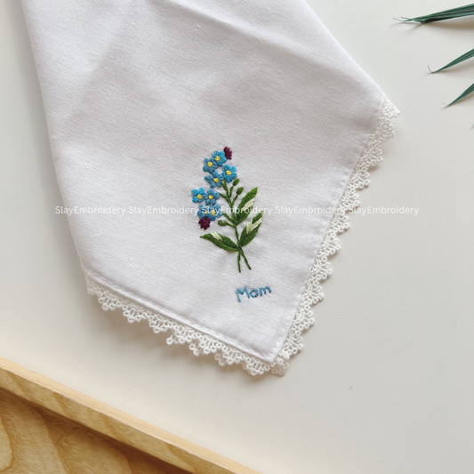 Blue Daisy Whisper Wedding Handkerchief, Custom Embroidered Handkerchief, Linen Handkerchiefs