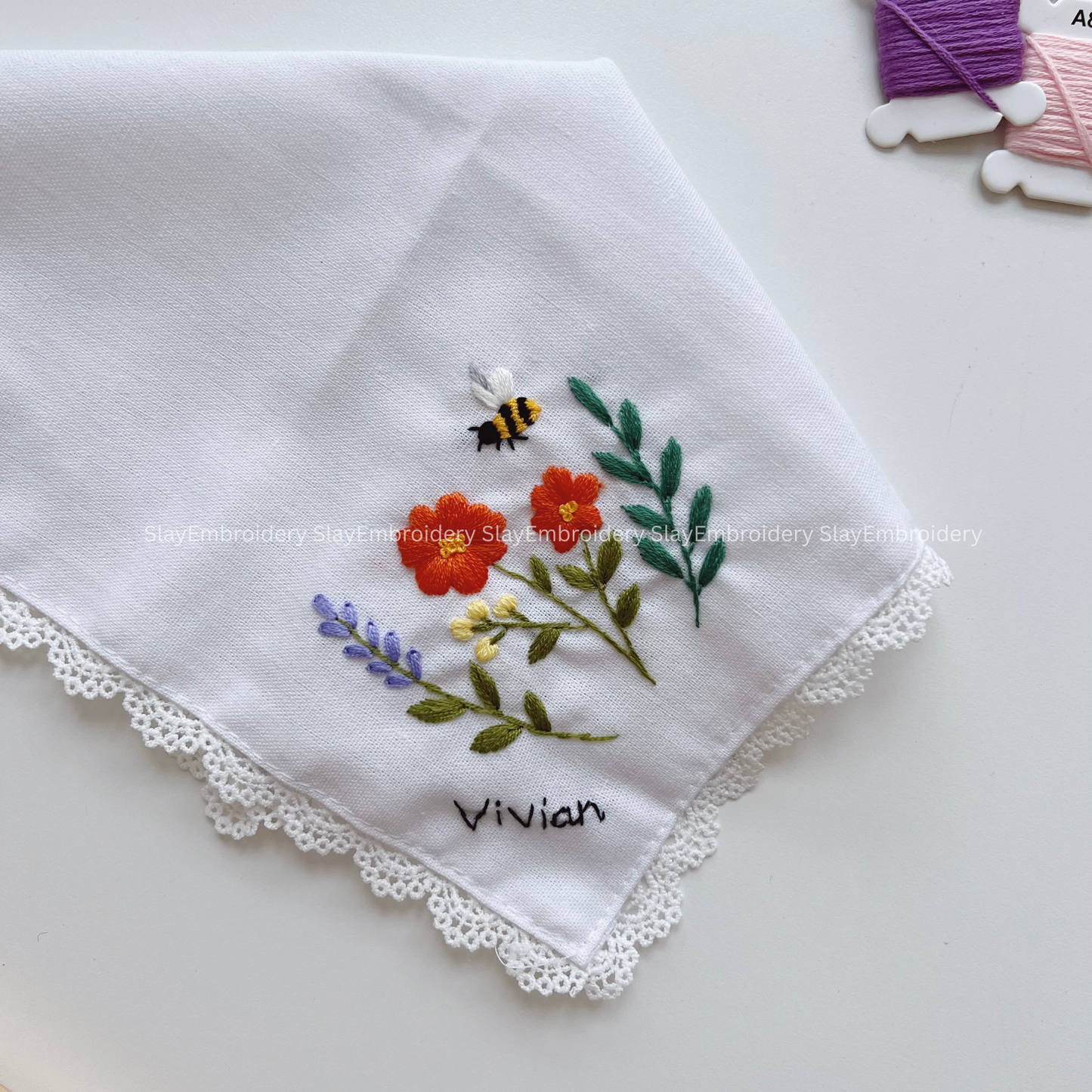 Lavender Poppy Dream Wedding Handkerchief, Custom Embroidered Handkerchief, Linen Handkerchiefs