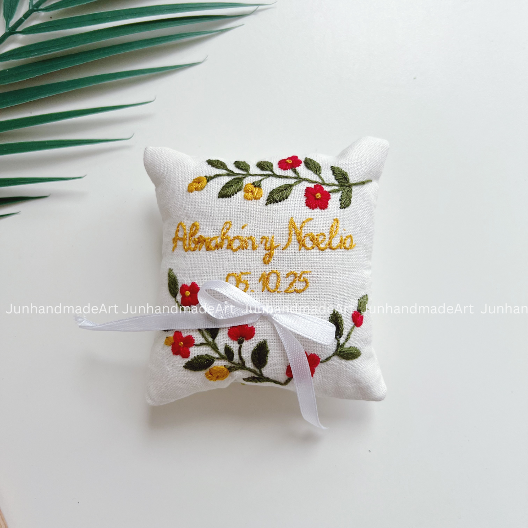 Colorful Wreath Bearer Pillow Linen Wedding Cushion Hand Embroidery Ring Holder Floral Ring Pillow Wedding Gift