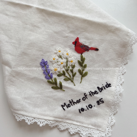 Daisy & Lavender Wedding Handkerchief, Custom Embroidered Handkerchief, Linen Handkerchiefs