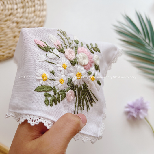 Daisy & Rose Wedding Handkerchief, Custom Embroidered Handkerchief, Linen Handkerchiefs