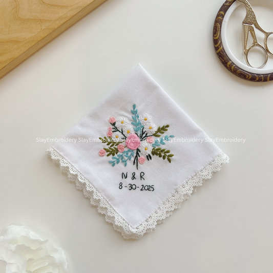 Petal Mix Wedding Handkerchief, Custom Embroidered Handkerchief, Linen Handkerchiefs