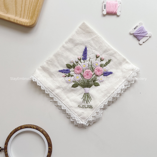 Flower Bouquet Wedding Handkerchief, Custom Embroidered Handkerchief, Linen Handkerchiefs
