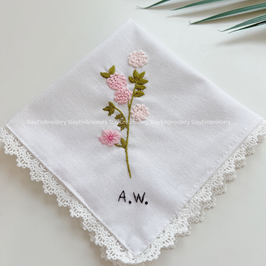 Soft Pink Bloom Wedding Handkerchief, Custom Embroidered Handkerchief, Linen Handkerchiefs