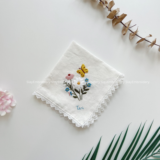 Pastel Daisies Wedding Handkerchief, Custom Embroidered Handkerchief, Linen Handkerchiefs