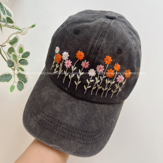 Daisy Parade Summer Hand Embroidery Hat Vintage Hat Washed Baseball Cap