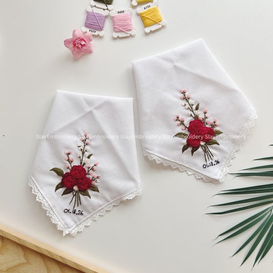 Wild Rose Kiss Wedding Handkerchief, Custom Embroidered Handkerchief, Linen Handkerchiefs