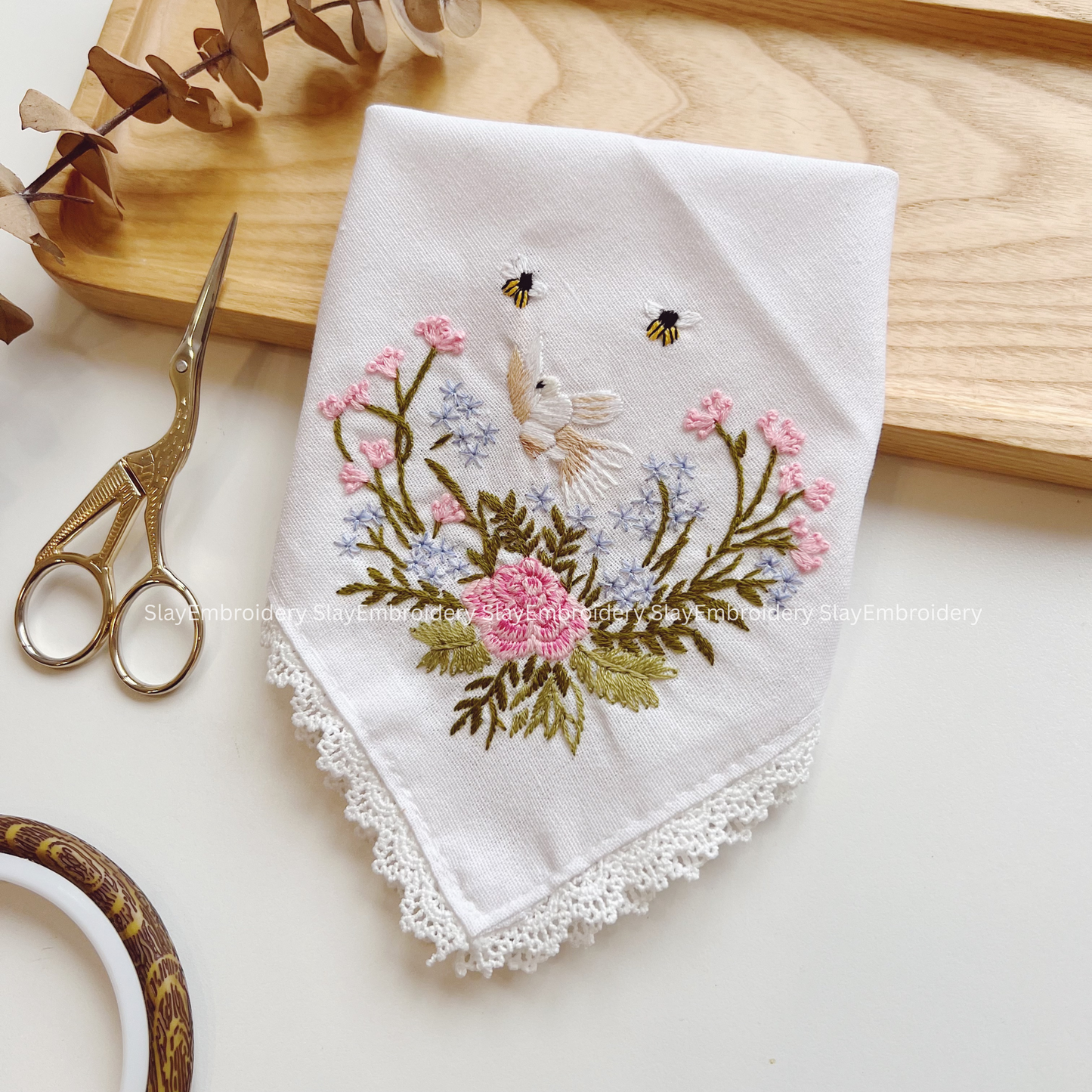 Petals And Wings Wedding Handkerchief, Custom Embroidered Handkerchief, Linen Handkerchiefs