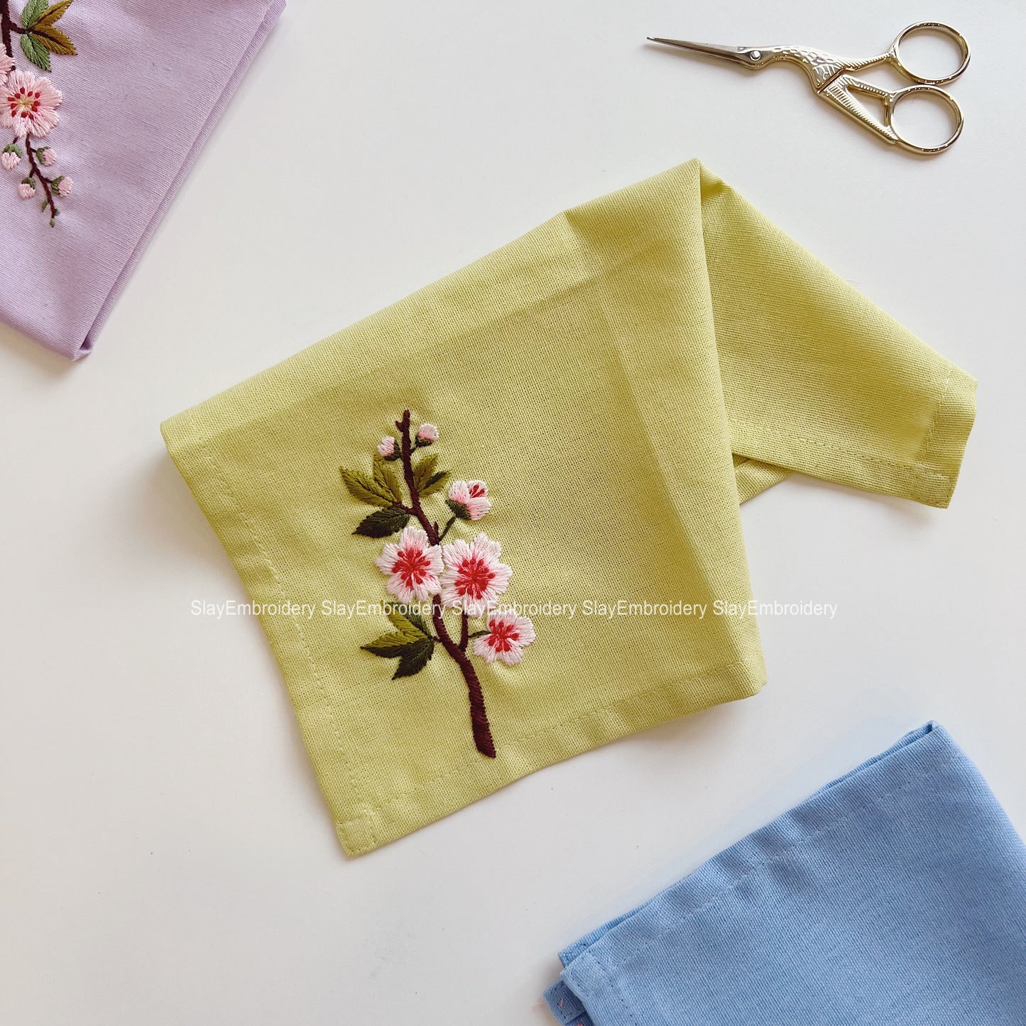 Cherry Blossoms Flowers Wedding Handkerchief, Custom Embroidered Handkerchief, Linen Handkerchiefs