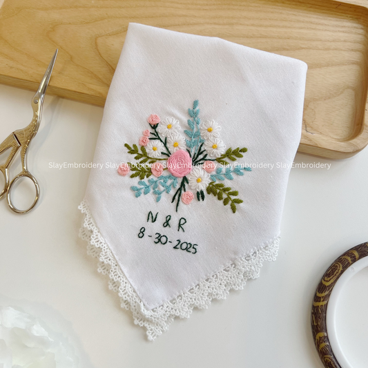 Petal Mix Wedding Handkerchief, Custom Embroidered Handkerchief, Linen Handkerchiefs