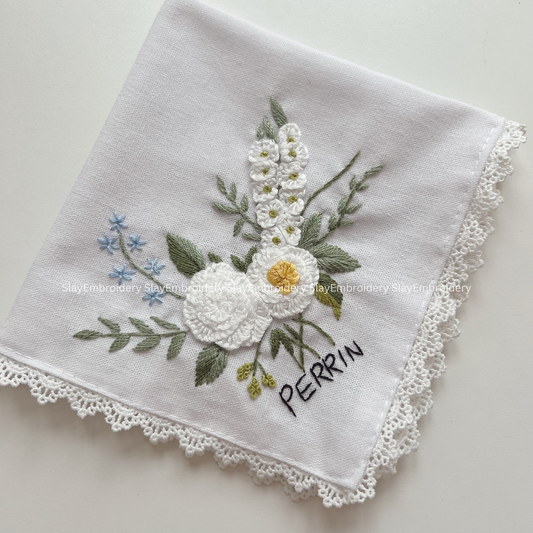 White Flower Wedding Handkerchief, Custom Embroidered Handkerchief, Linen Handkerchiefs