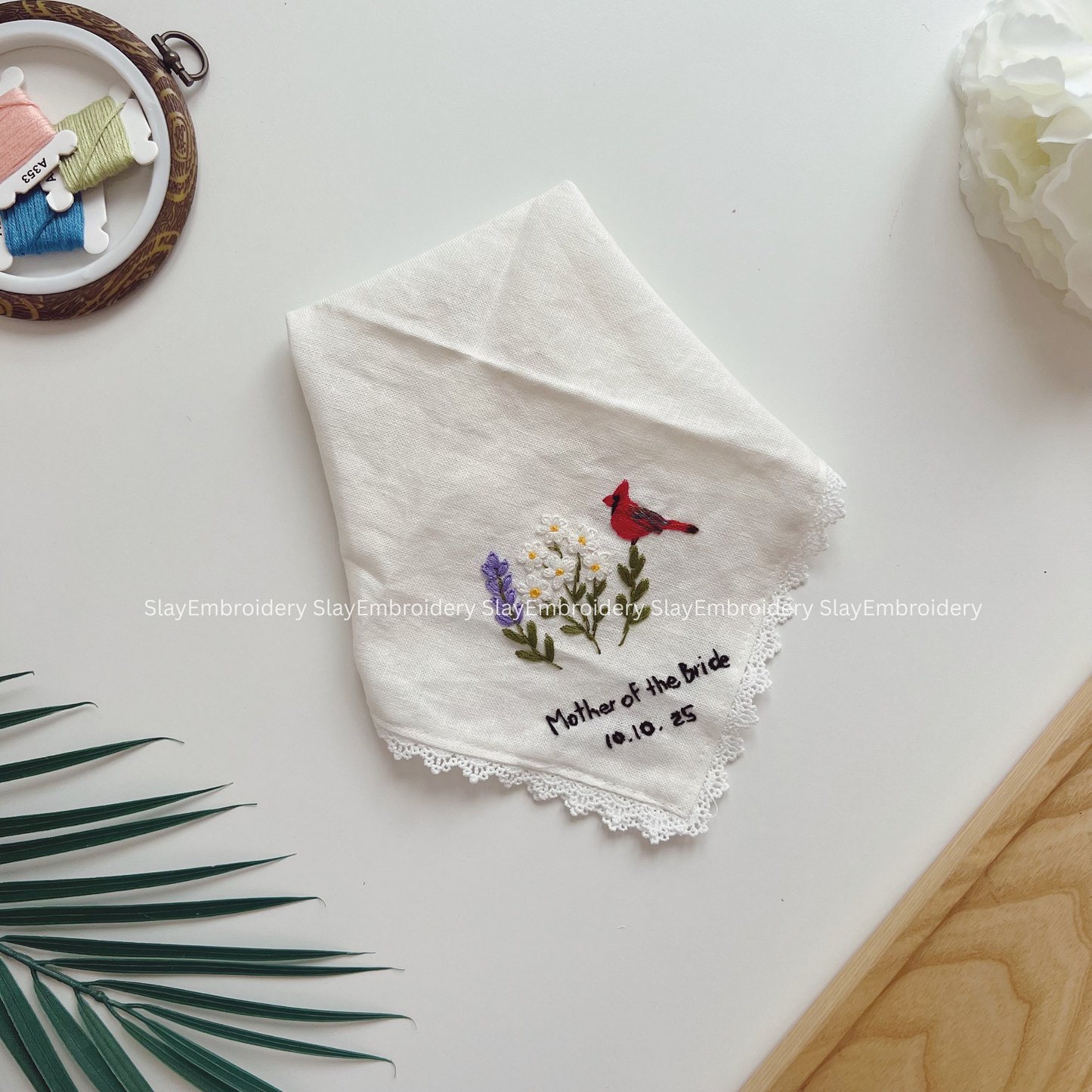 Daisy & Lavender Wedding Handkerchief, Custom Embroidered Handkerchief, Linen Handkerchiefs
