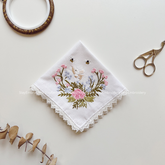 Petals And Wings Wedding Handkerchief, Custom Embroidered Handkerchief, Linen Handkerchiefs