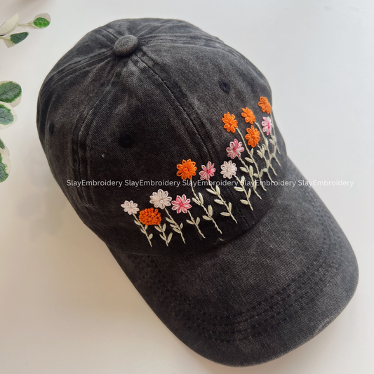 Daisy Parade Summer Hand Embroidery Hat Vintage Hat Washed Baseball Cap