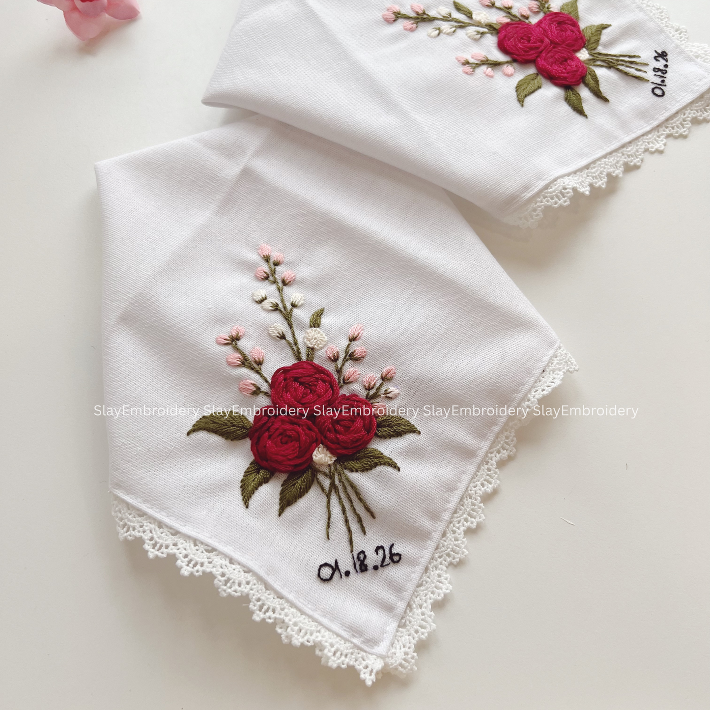Wild Rose Kiss Wedding Handkerchief, Custom Embroidered Handkerchief, Linen Handkerchiefs
