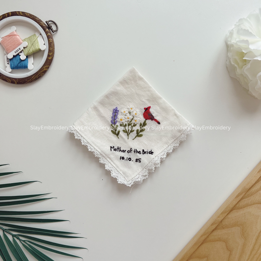 Daisy & Lavender Wedding Handkerchief, Custom Embroidered Handkerchief, Linen Handkerchiefs