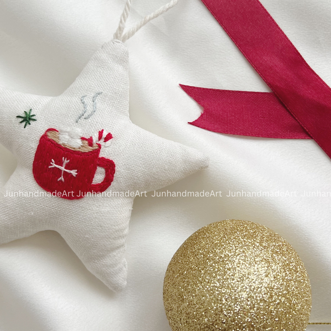 Hot Chocolate Cup Christmas Star Ornament – Hand Embroidered Linen Floral Ornament – Custom Christmas Gift Decoration