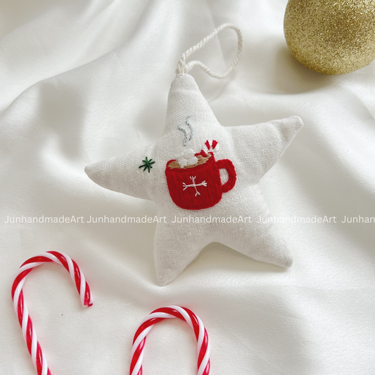 Hot Chocolate Cup Christmas Star Ornament – Hand Embroidered Linen Floral Ornament – Custom Christmas Gift Decoration