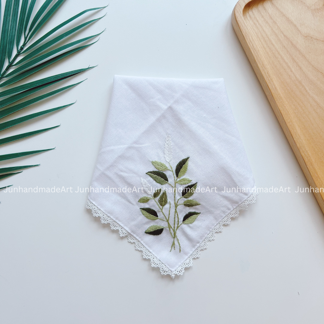 Elegant Leaves Handkerchief, Custom Embroidered Handkerchief, Linen Handkerchiefs