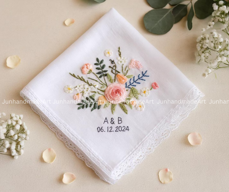 Embroidered Wedding Handkerchief – Custom Floral Hankie for Bride, Bridal Gift, Personalized with Name & Date, Gift for Bride
