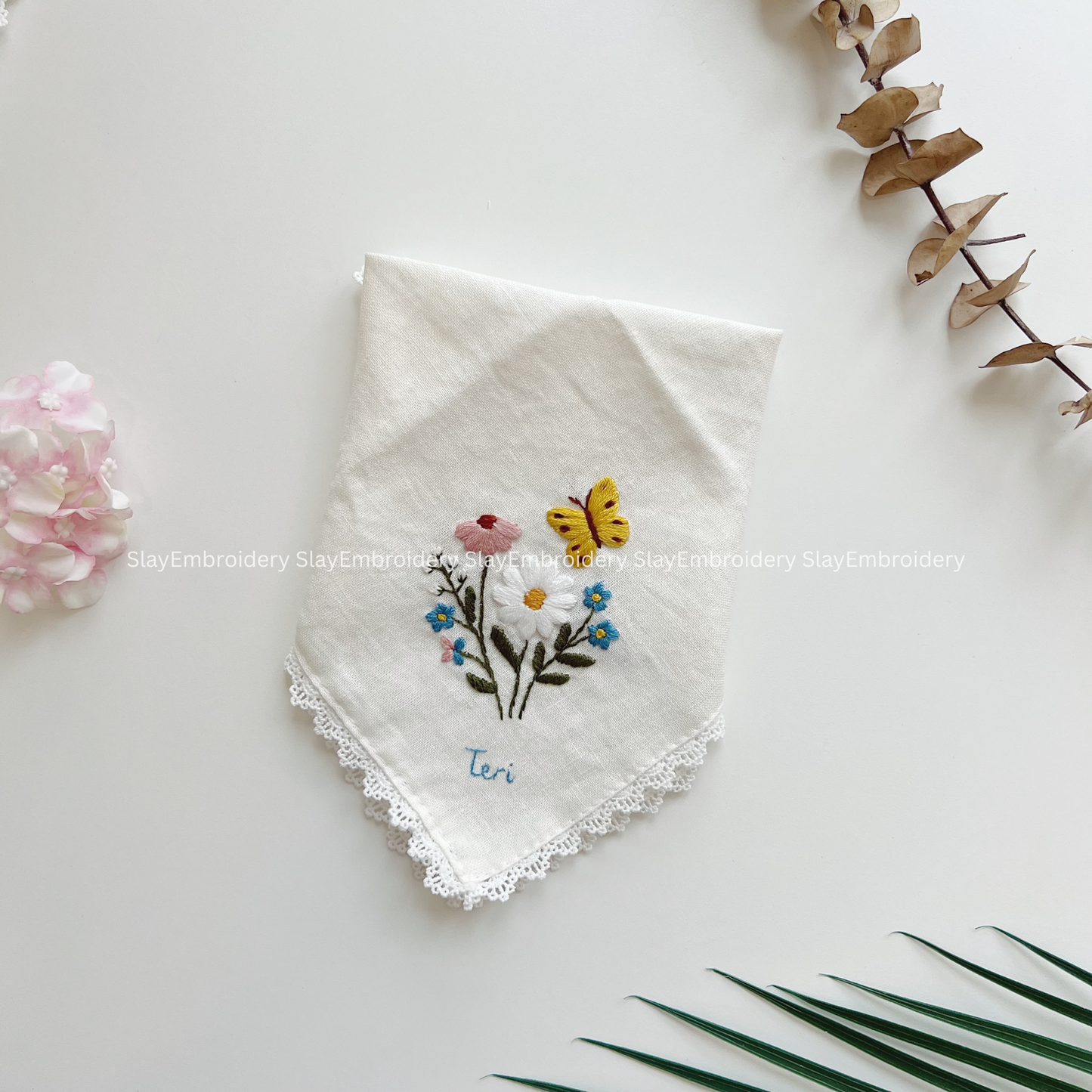 Pastel Daisies Wedding Handkerchief, Custom Embroidered Handkerchief, Linen Handkerchiefs