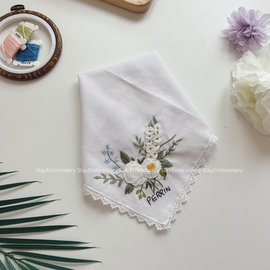 White Flower Wedding Handkerchief, Custom Embroidered Handkerchief, Linen Handkerchiefs