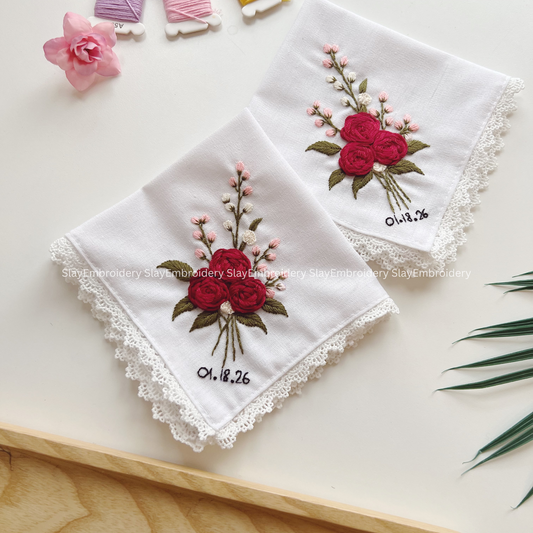 Wild Rose Kiss Wedding Handkerchief, Custom Embroidered Handkerchief, Linen Handkerchiefs