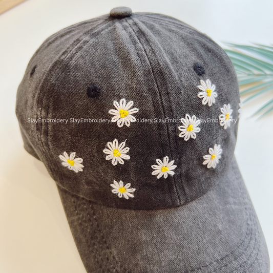 Daisy Meadow Summer Hand Embroidery Hat Vintage Hat Washed Baseball Cap