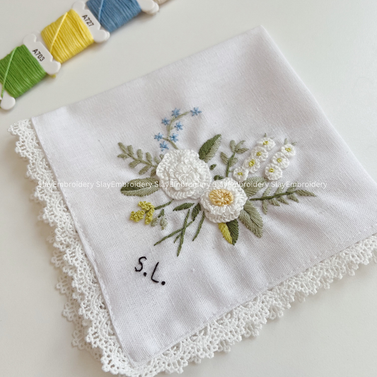 White Bloom Glow Wedding Handkerchief, Custom Embroidered Handkerchief, Linen Handkerchiefs