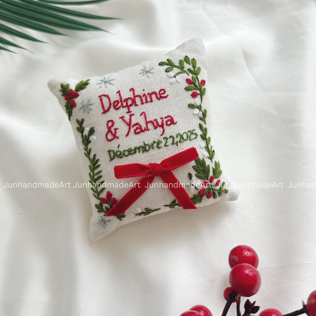 Joyful Holiday Bearer Pillow Linen Wedding Cushion Hand Embroidery Ring Holder Floral Ring Pillow Wedding Gift