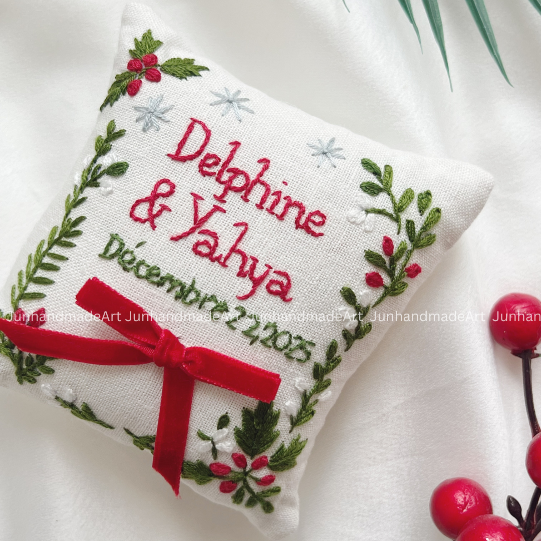 Joyful Holiday Bearer Pillow Linen Wedding Cushion Hand Embroidery Ring Holder Floral Ring Pillow Wedding Gift